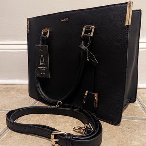 Aldo Black Faux Leather Gold Accents Crossbody Convertible Tote Bag *NEW*